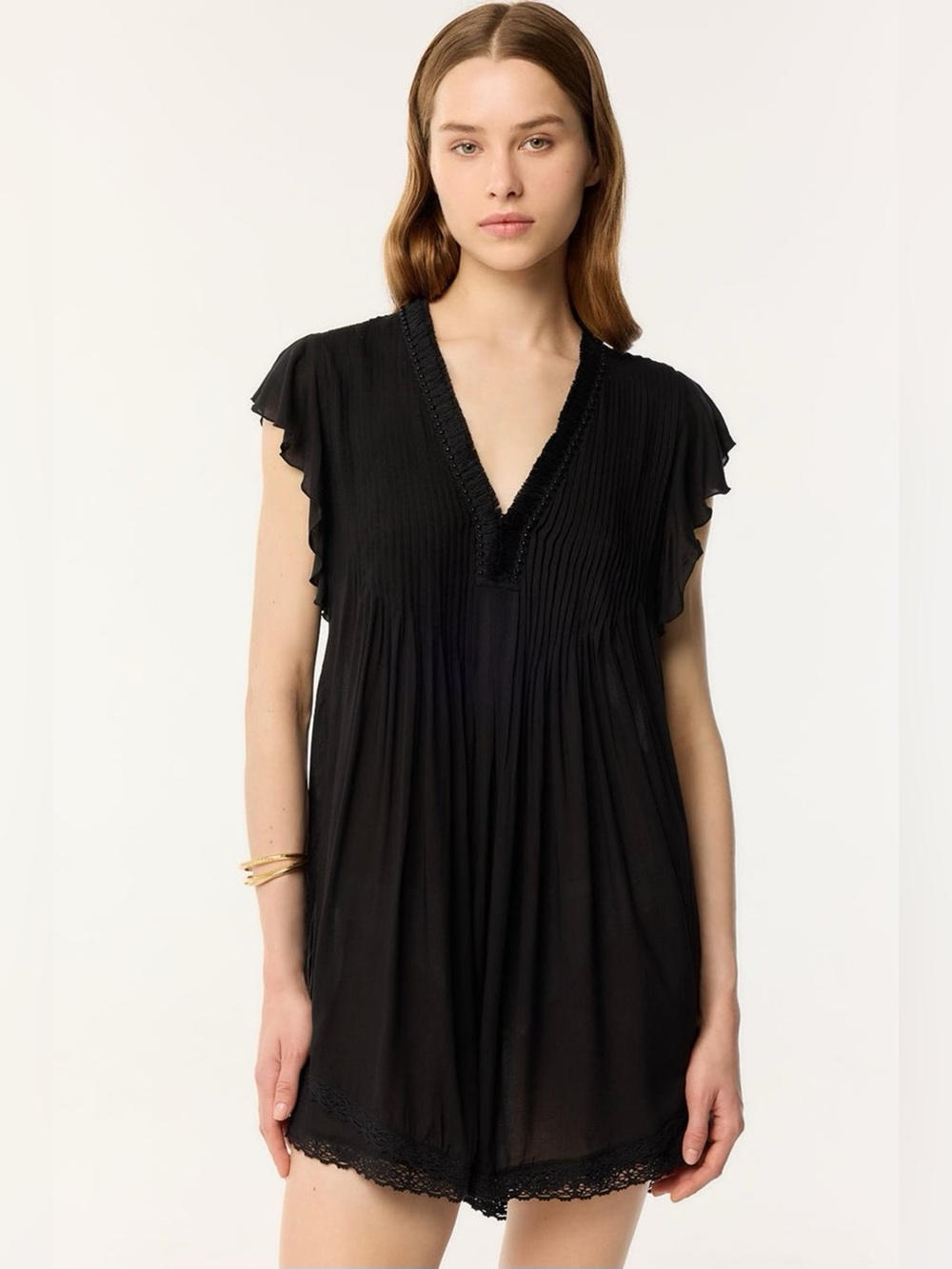 Poupette St Barth Black V-Neck Flutter Sleeve Sasha Dress XS